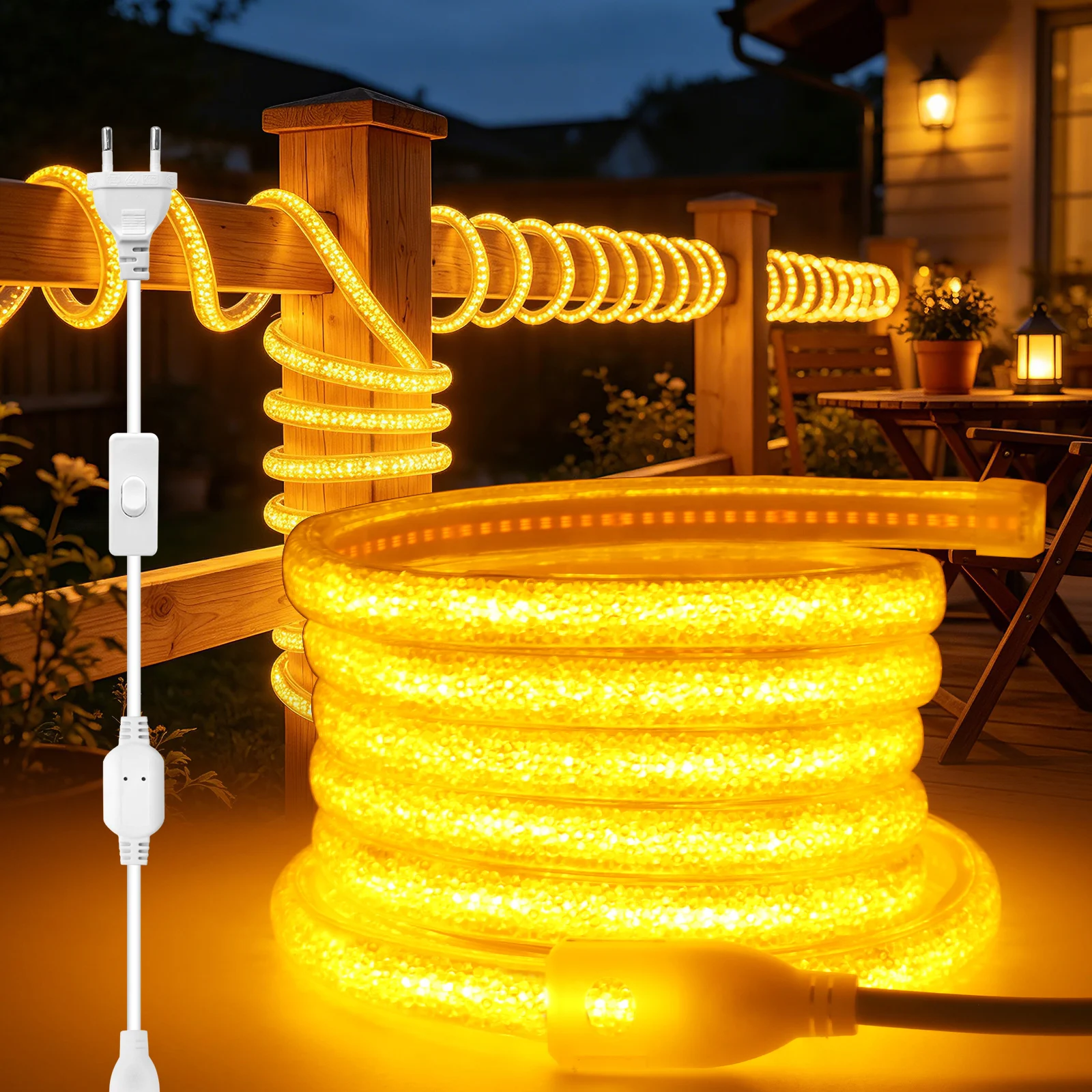 220V COB LED Strip with ON/OFF Switch Crystal Fluorescence Waterproof Flexible Adhesive Tape for Room Fence Balcony Garden Decor