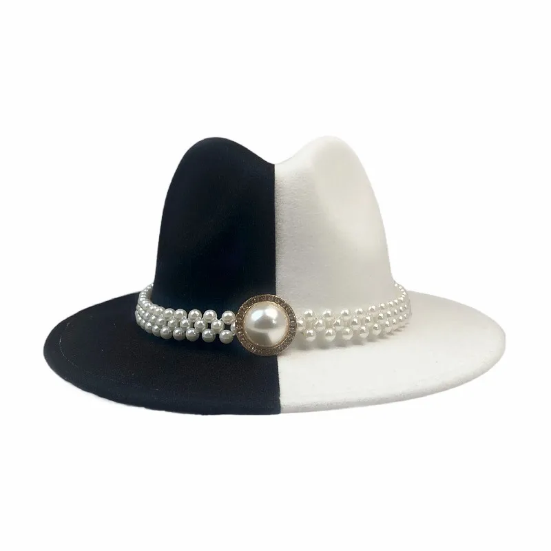 Vintage Fedoras for Men Women Two-Tone Felt with Pearl Belt Wide Brim Summer Panama Hat Wholesale