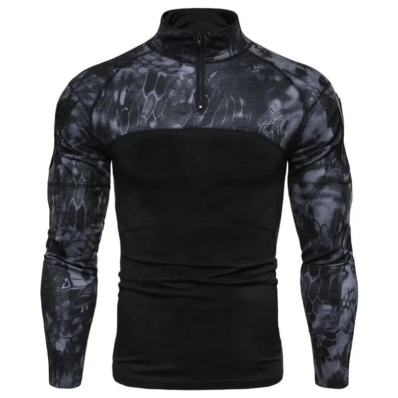 Men Outdoor Elastic Fitness Camo Patchwork Long Sleeve T Shirt Y2K Mens Zip Up Pocket Gym Tactical T Shirts Ropa Hombre Camiseta