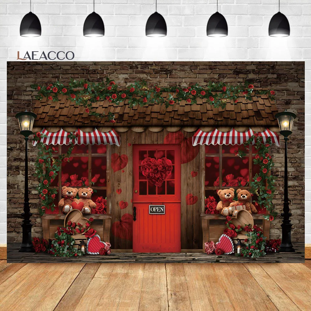 

Laeacco Red Rose Brick Wall Flower Shop Photography Backdrop Cute Bear Hearts Love Wedding Bridal Shower Portrait Background