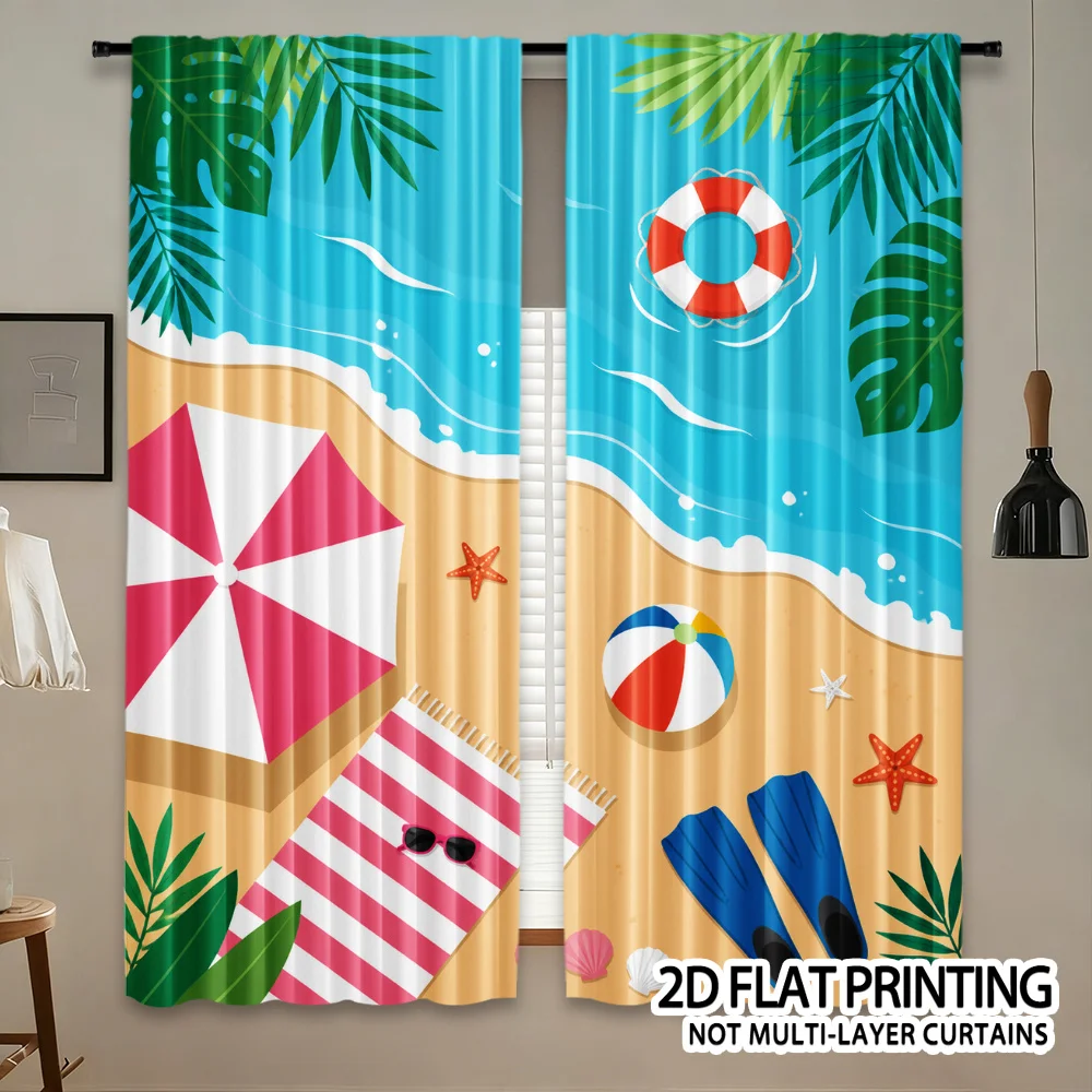 Tropical Beach Curtains Window Decor Summer Ocean Waterproof Print Waterproof Coastal Home Decoration Panels for Bathroom