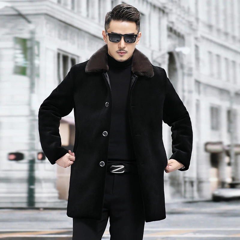 

2023 Autumn Winter Men's New Sheep Shearing Jackets Male Real Mink Fur Collar Coats Men Long Genuine Fur Warm Overcoats P499