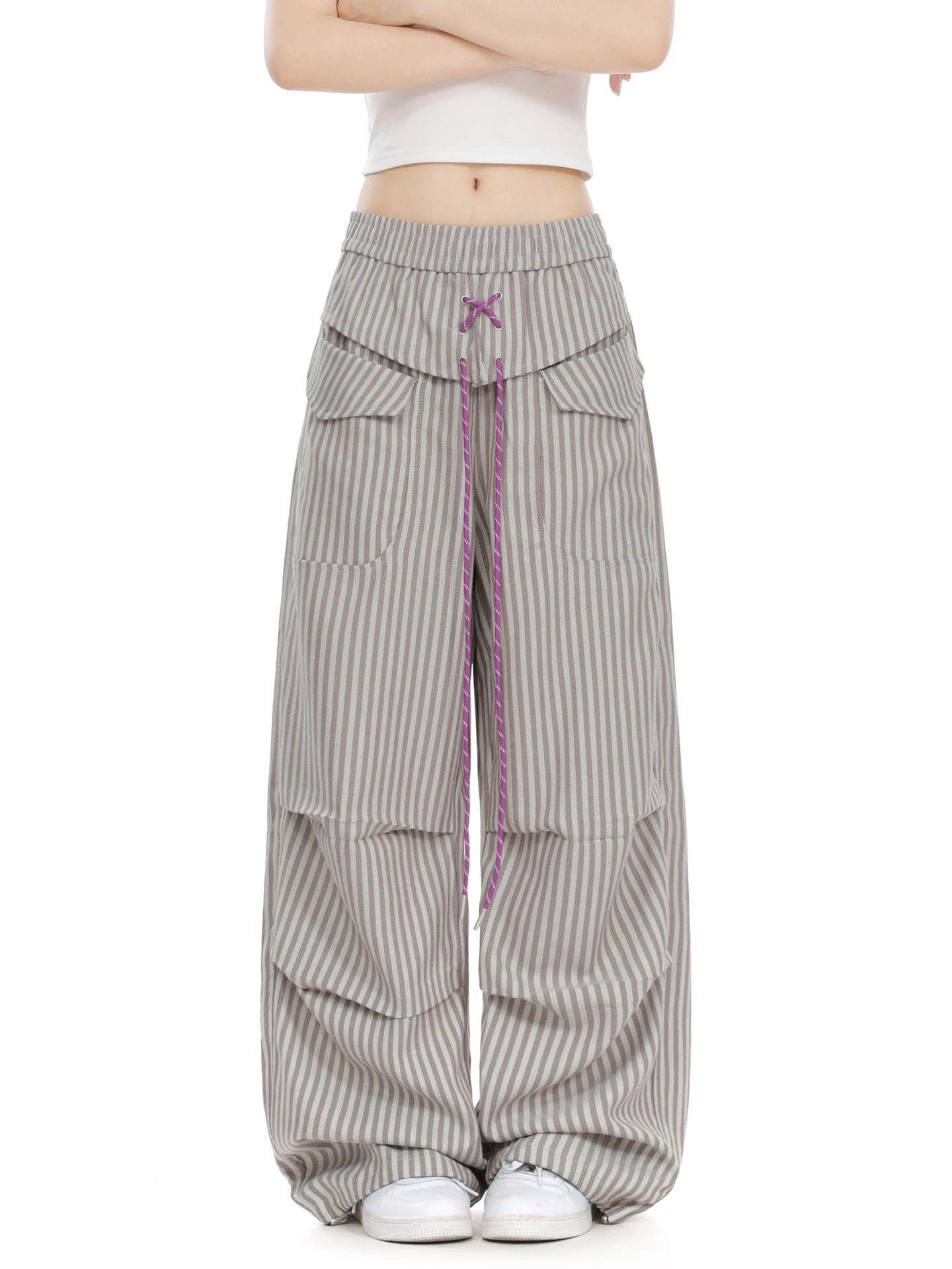 Loose Women's Utility Pants ARKU American Stripe Belted Paratrooper Wide Leg Casual Trousers Vintage Drape Folded Straight