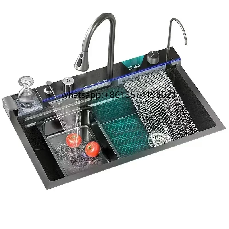 

THot Selling 304 Stainless Steel Single Bowl Kitchen Popular Handmade Multi-Function Rainfall Waterfall Thickened Single