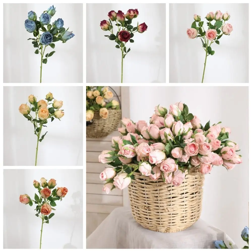 Real Touch 7 Heads Artificial Rose Flowers Burnt Edge Premium Oxidation Resistance Simulation Rose DIY Bouquet Flower Plastic