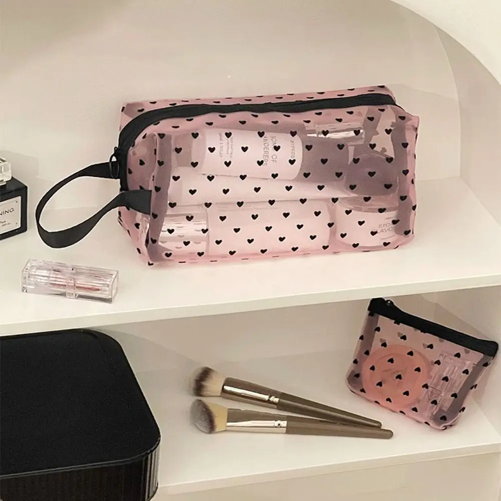 

Heart Transparent Mesh Makeup Bag Black/Pink Portable Women Cosmetic Storage Pouch Multifunction Ladies Toiletry Storage Bag