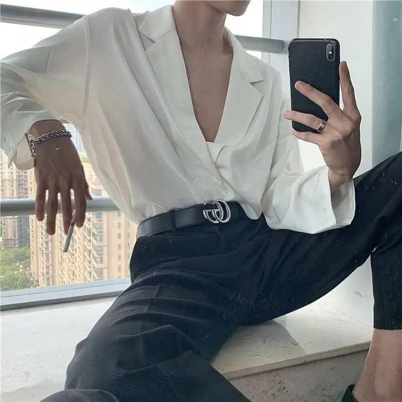 British Style Men's Elegant Turn Collar Long Sleeve Shirt Soild Formal Padded Shoulder Professional Suit Shirts And Blouses