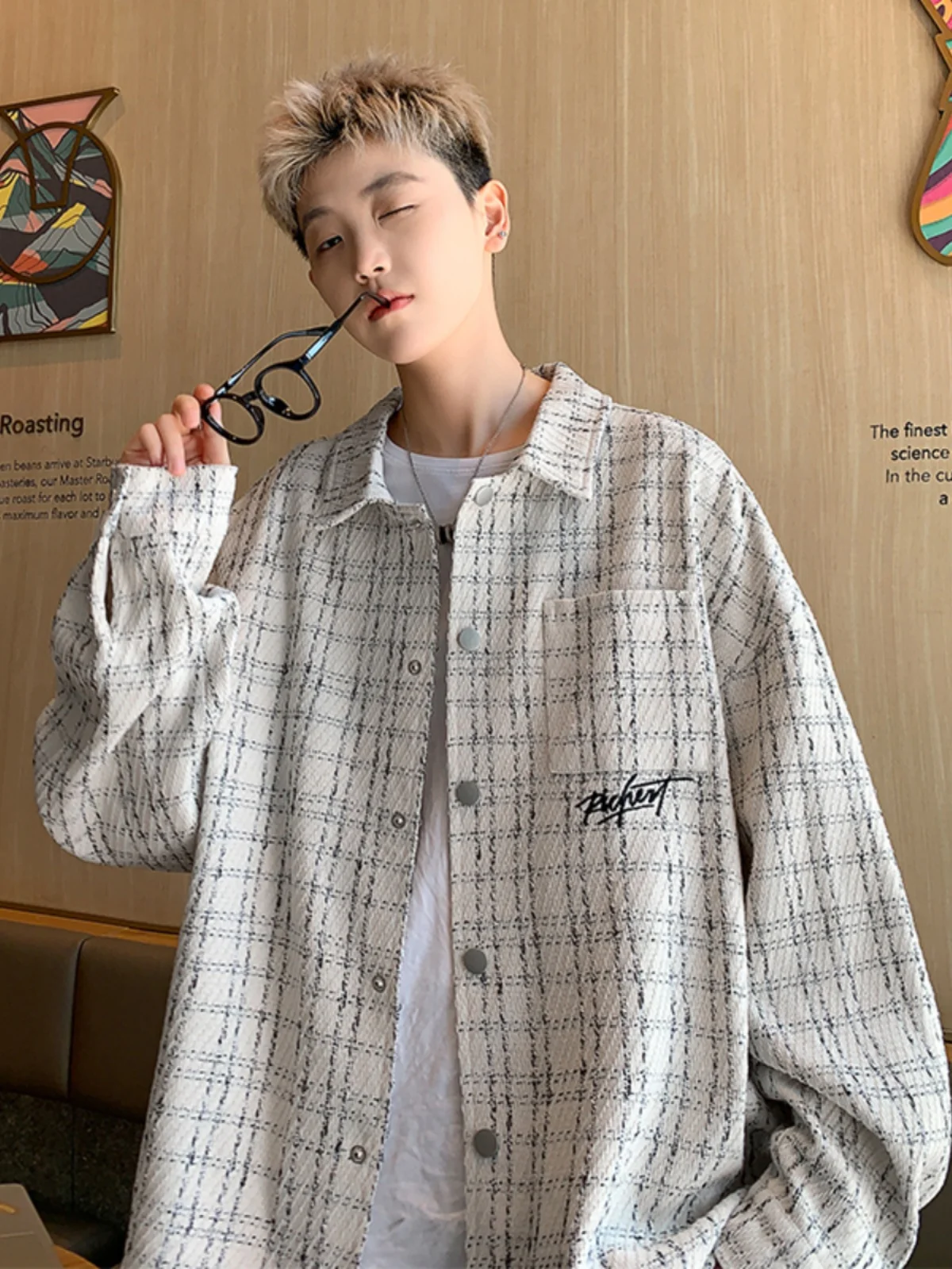 

Мужская рубашка-куртка весна-осень в стиле оверсайз с клетчатым узором, повседневная, модная, премиум-класса, с барочным рисунком