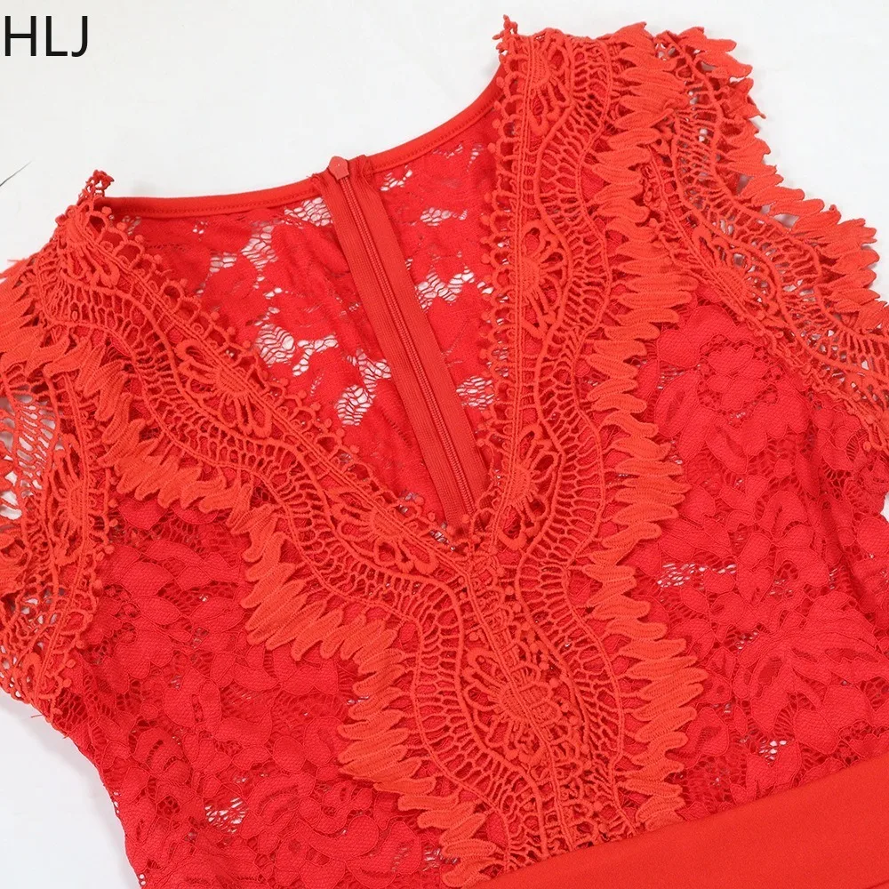 HLJ Fashion Lace Embrodiay Patchwork Wide Legs Jumpsuits Women Short Sleeve V-neck One Piece  Rompers Female Streetwear Overalls