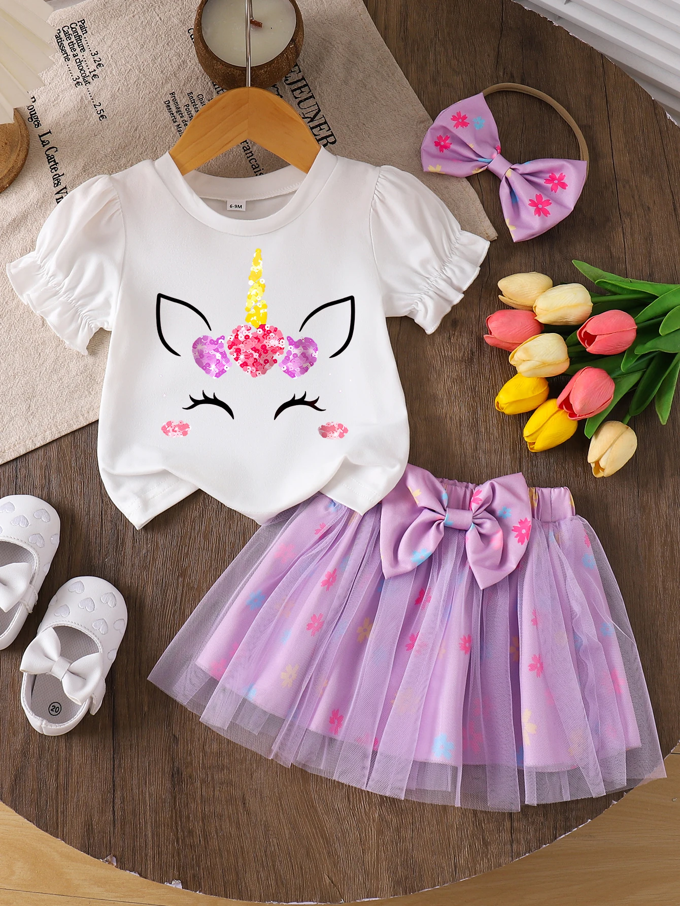 Children Eden 0-24 months Infant Baby Girls Casual Outdoor Clothes Sets Sparkling Unicorn T-shirt Floral Tutu Skirt Headband 3pc