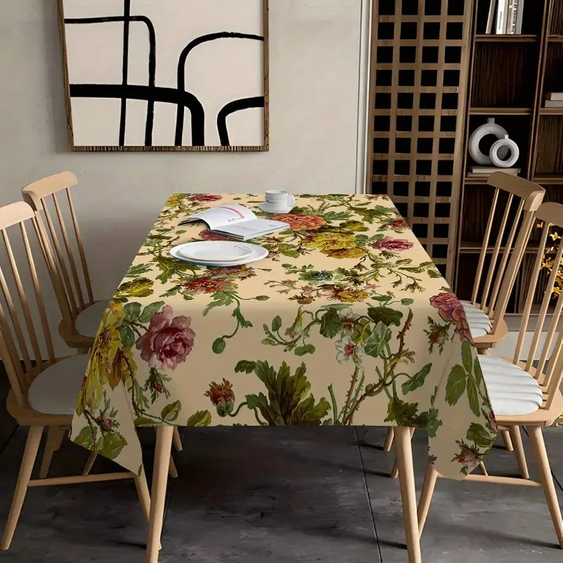 1pc Navy Blue, Beige and White Striped Tablecloth, suitable for indoor use
