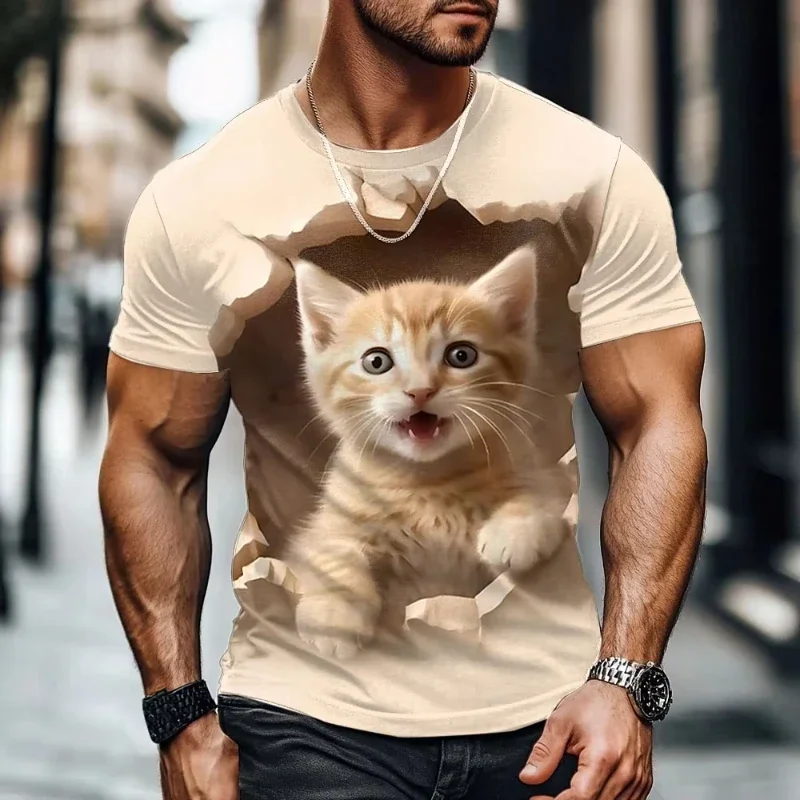 Funny Cat Graphic T Shirt for Men Realistic 3D Kitten Print Short Sleeve T-Shirts Summer Casual Short Sleeve Tops Street Clothes