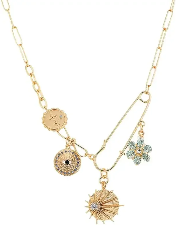 Vintage Blue Diamond Flower Necklace Golden Devil's Eye Round Pendant Necklaces for Women Seaside Party Jewelry Gift