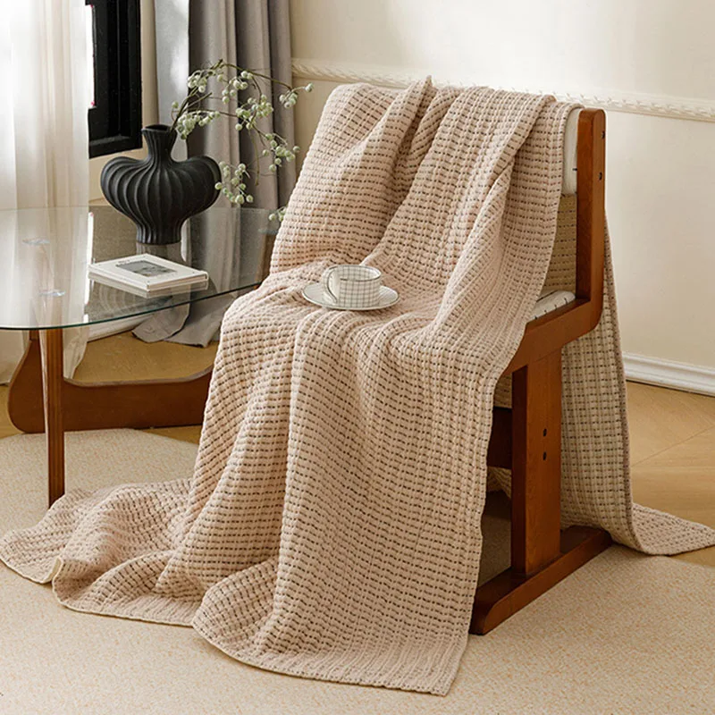 Multifunctional Cotton Gauze Towel Blanket Thick Office Waffle Blanket for Four Seasons Skin-Friendly Soft Bed Quilt for Bedroom