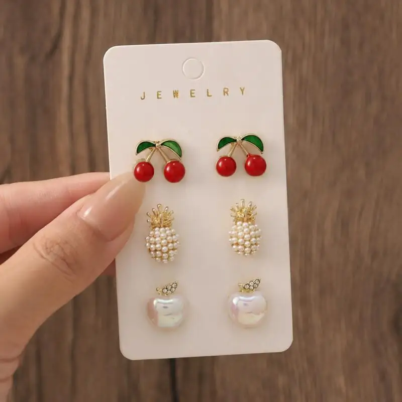 Set of 3 pairs of fruit stud earrings (cherry, pineapple, apple), cute small earrings for women and girls