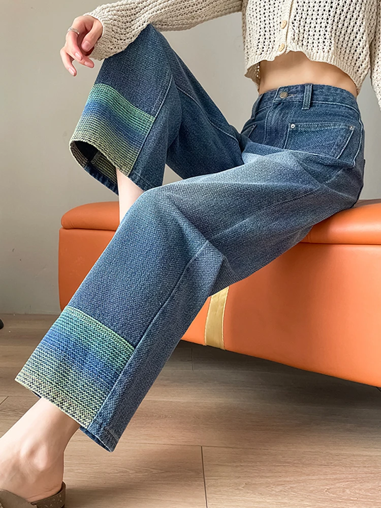 Color Spliced Straight Leg Jeans for Women Spring Autumn Vintage High Waist Design Sense Pocket Loose Pant Women's Wide Leg Pant