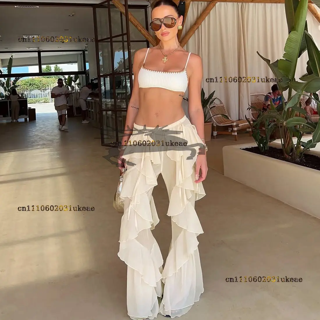 

2026 autumn new pants street fashion strap splicing ruffle edge spicy girl micro flared pants