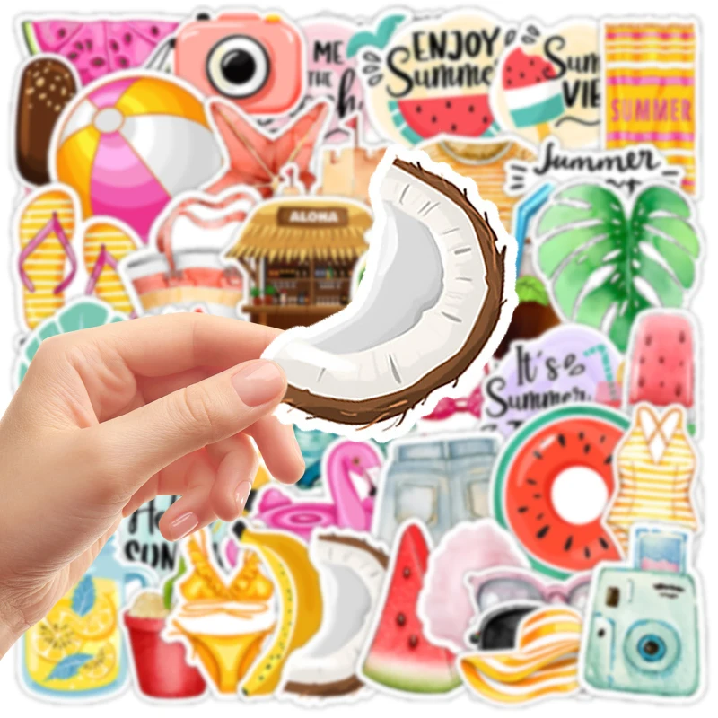 50PCS Summer Fresh And Clean Holiday Beach Stickers Cartoon Aesthetic Stationery Helmet Suitcases Cartoon Decals Kids Toys Gift