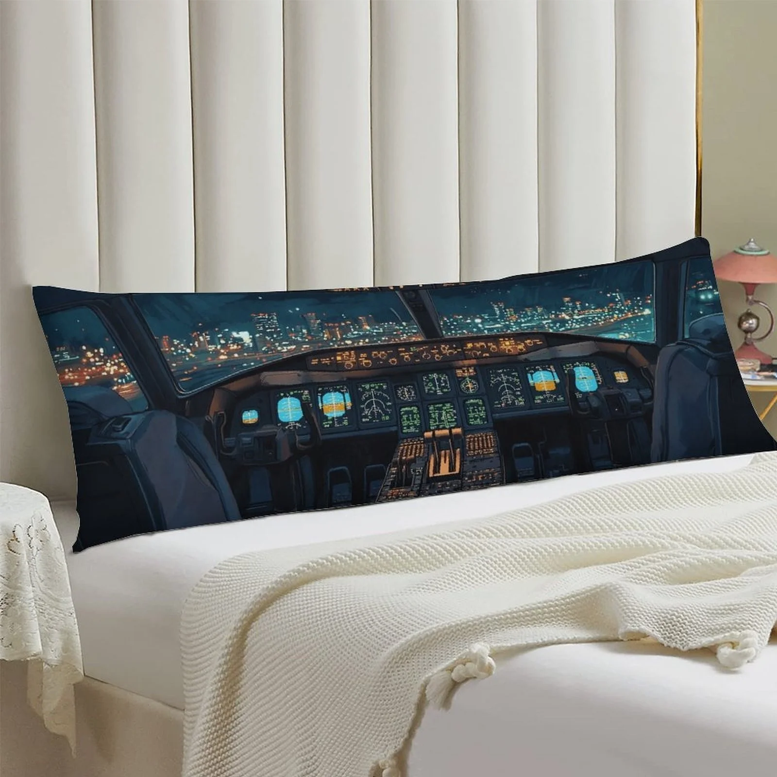 Fashionable Airplane Cockpit Night-Themed Body Pillowcase - Soft Polyester Fiber, Double-Sided Print, with Hidden Zipper, Modern