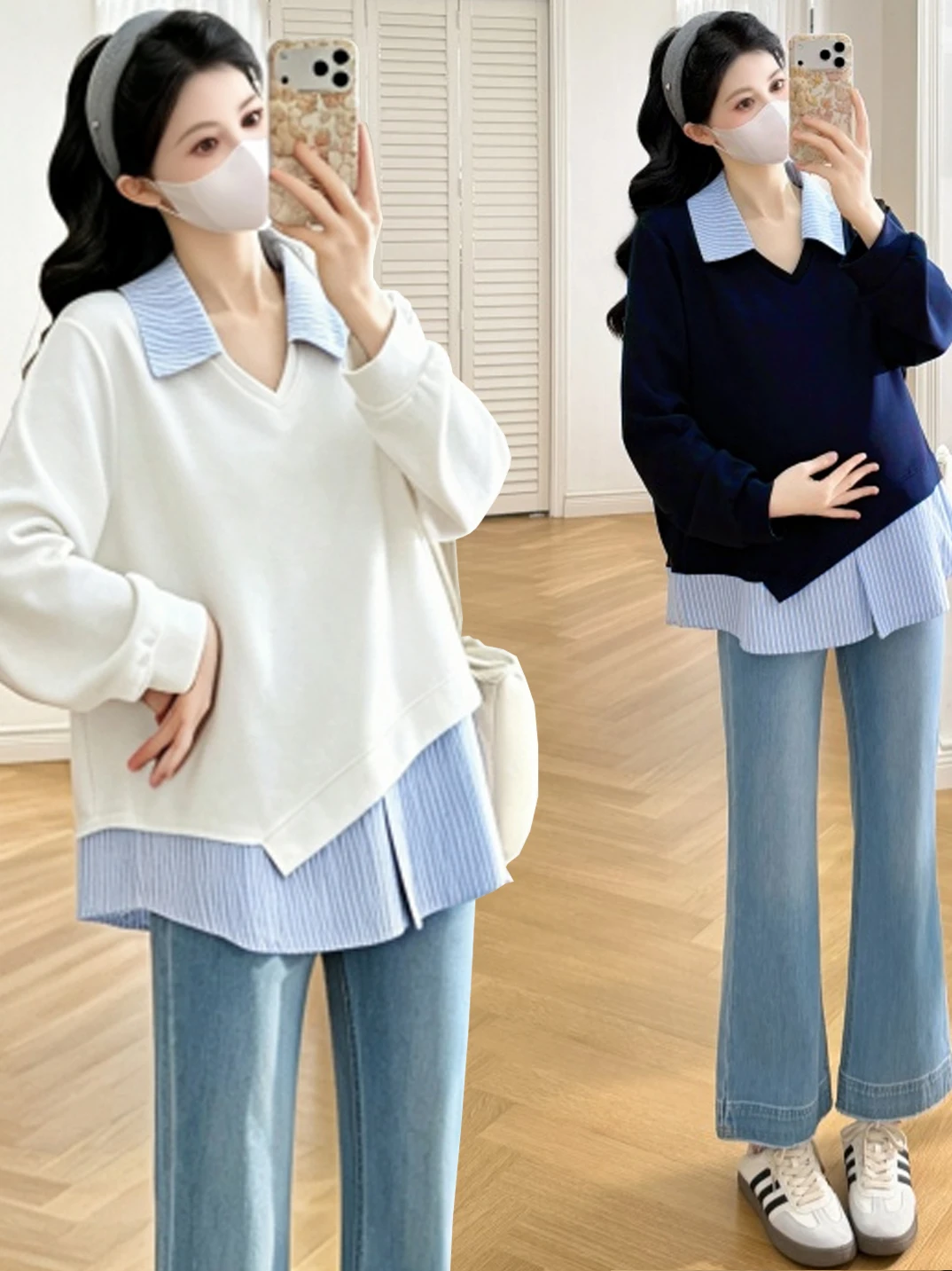 sweat-shirt-de-maternite-ideal-pour-le-printemps-et-l’automne-a-manches-longues-avec-un-motif-a-rayures-et-des-empiecements-coupe-ajustee-style-coreen-decontracte-et-confortable