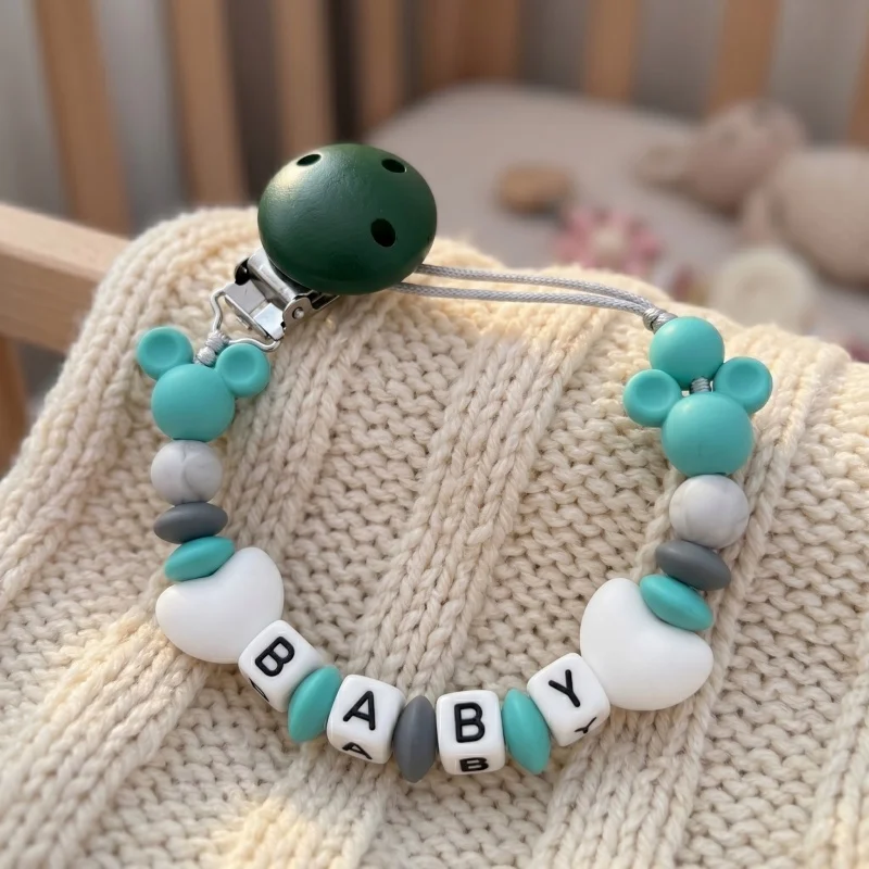 Aangepaste babynaam fopspeenhouder blauw hart siliconen kralen handgemaakte dummy clip voor jongens douchegift tepelriem bijtketting