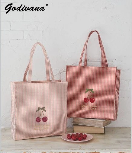 

Japanese Summer New Female Girls Cute Bow Cherry Portable Shoulder Square Bag Plaid Shell Cosmetic Bag Tote Handbags