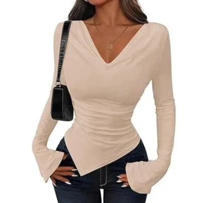 

Sexy Women's Long Sleeve Top Asymmetrical V Neck Ruched Design Side Slit Slim Fit Party Clubwear Going Out Shirt Fashion
