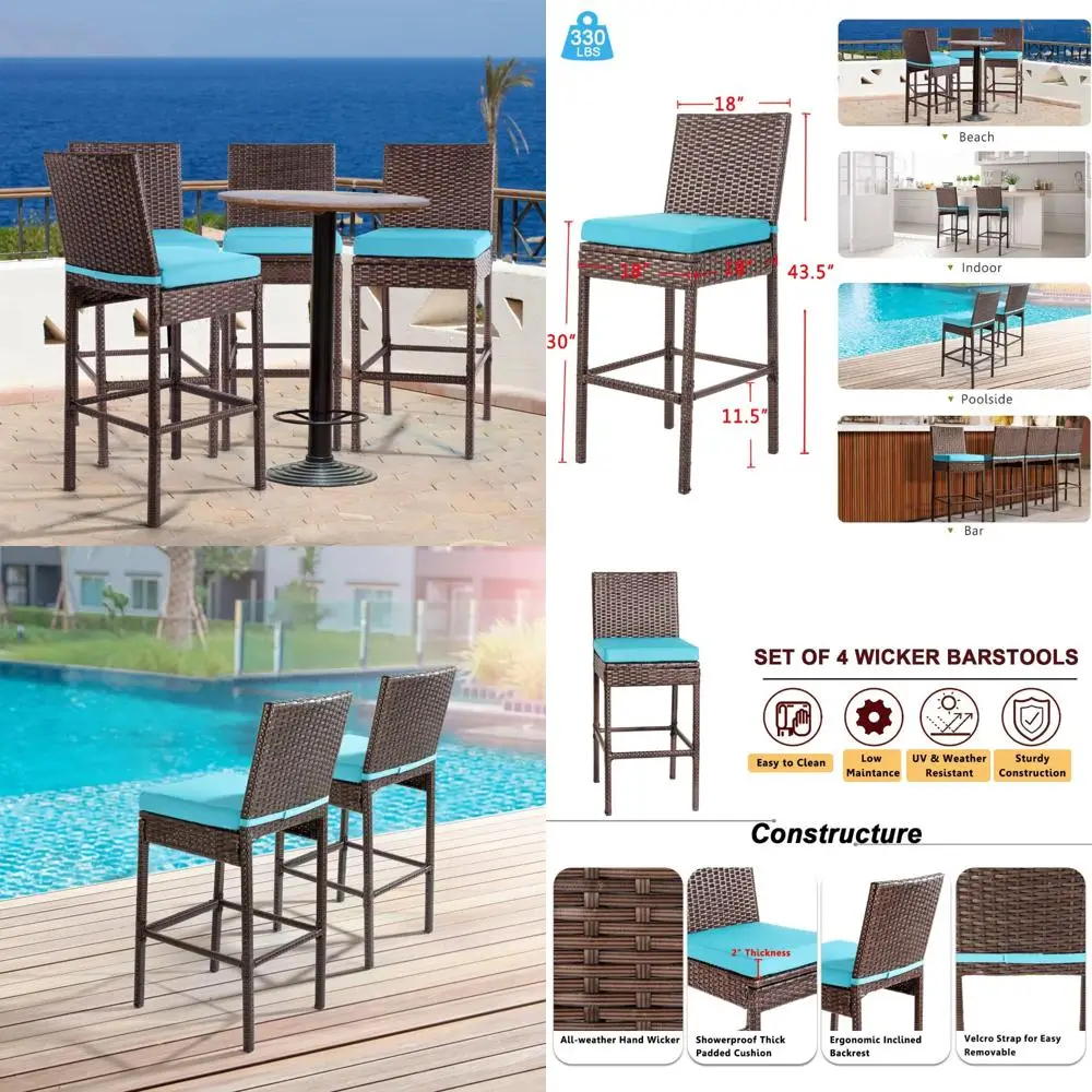 مجموعة مقاعد بار خارجية من ويكر مكونة من 4 كراسي عالية الارتفاع مع ظهر للفناء بدون ذراع للاستخدام الخارجي #1