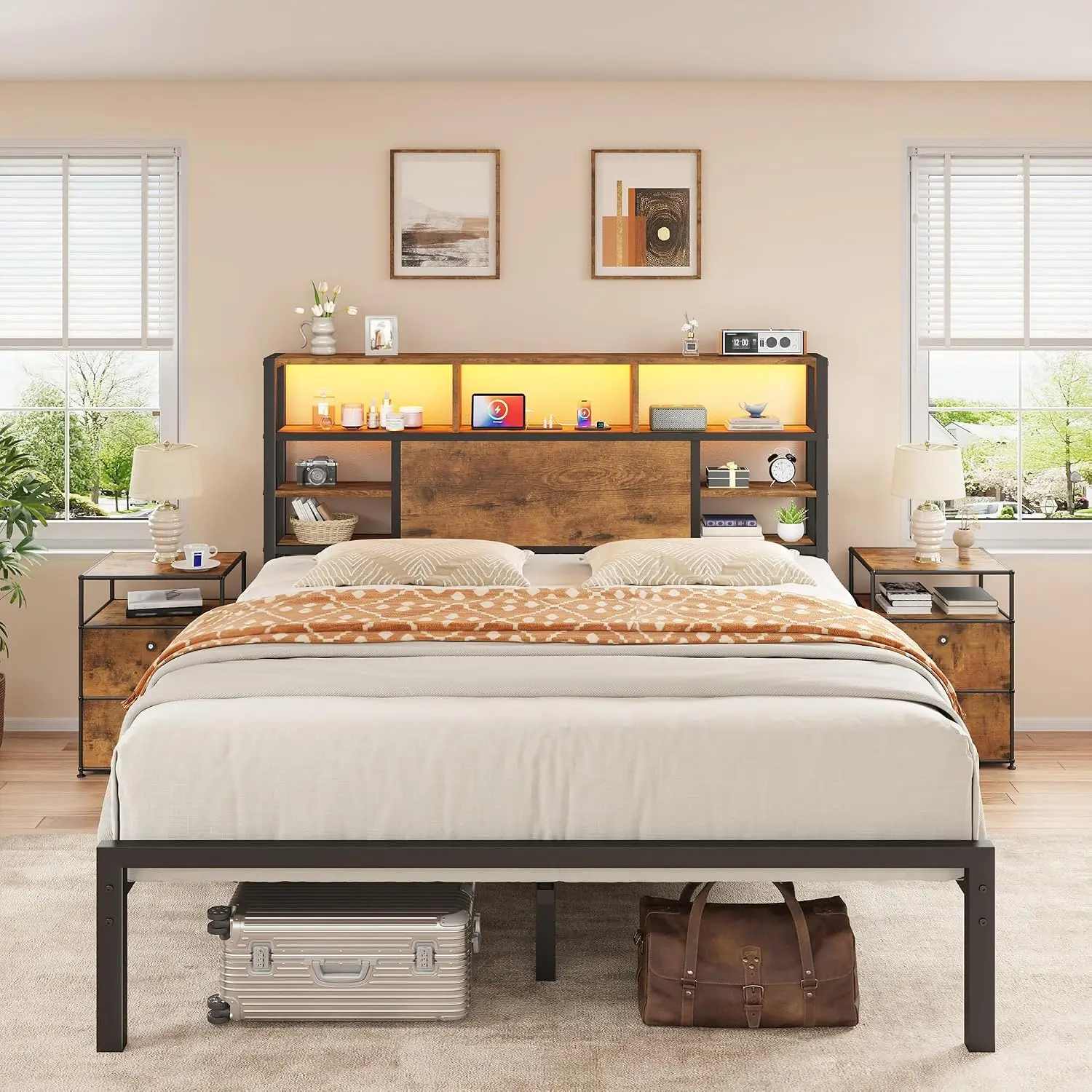 Queen Bed Frame Storage Headboard Charging Station LED 12.2