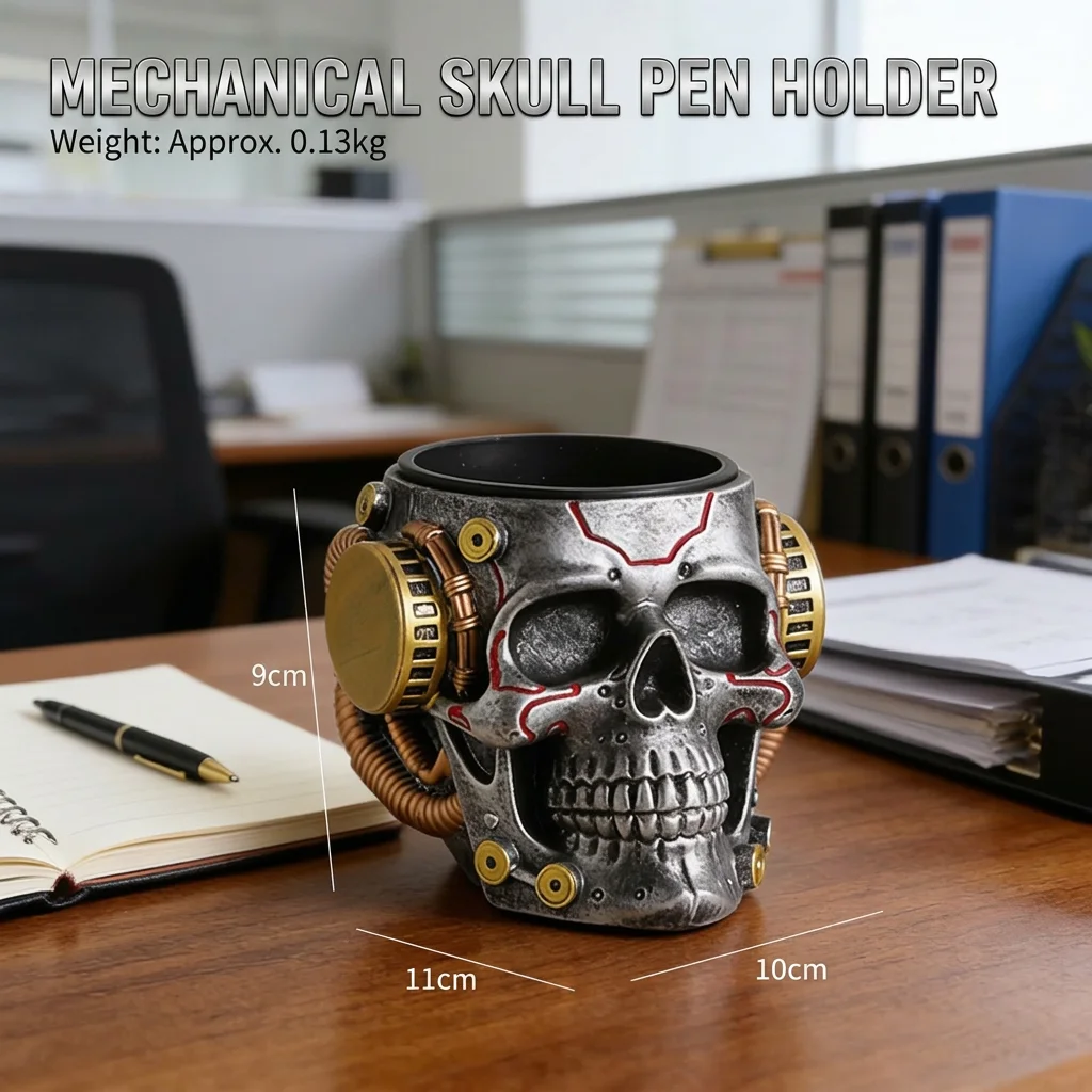 Portalápices con Diseño de Calavera Mecánica Cyberpunk, Organizador de Escritorio Multifuncional Decorativo para el Hogar, Oficina, Decoración de Escritorio para Estudiantes