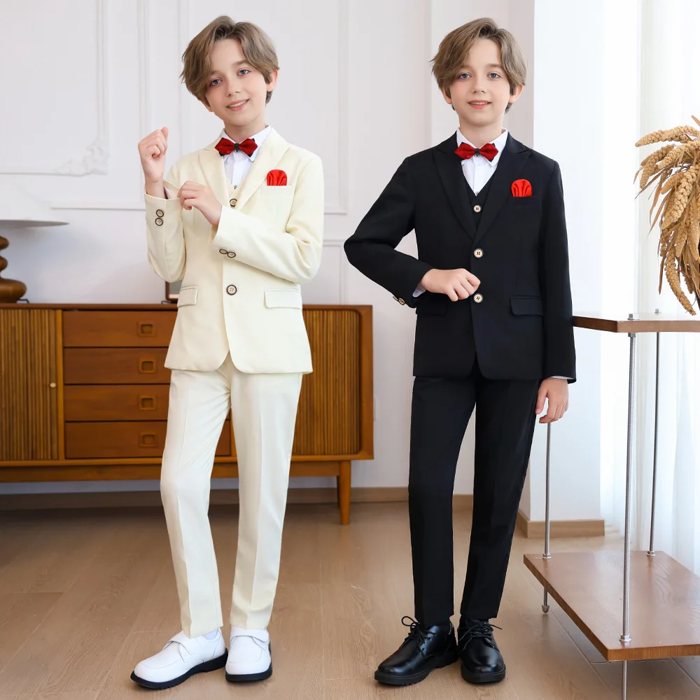 Children British 5Piece/Set Jacket Vest Pants Bowtie+Pocket Cloth Wedding Dress Boys Birhtday Gift Kids Host Performance Costume