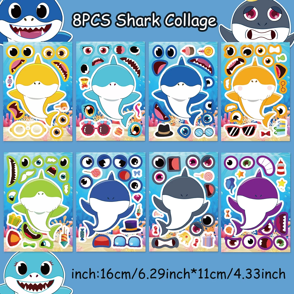 8PCS Big Mouth Face Changing Cute Shark Puzzle Collar DIY Hand Account Phone Case Home Interactive Waterproof Toy Stickers