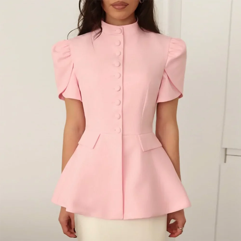 Autumn Short Sleeve Blazer Women Fashion O Neck  Single Breasted Patchwork Slim Fit Suit Jacket Ladies Elegant Blazers