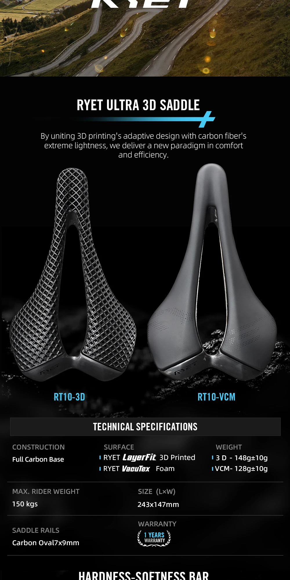 2026 RYET Ultraleichter Carbon-Fahrradsattel VCM 243x147mm für Rennradfahren 3D-Gedruckter Radsitz Sitzkissen Fahrradteile – Detail 2