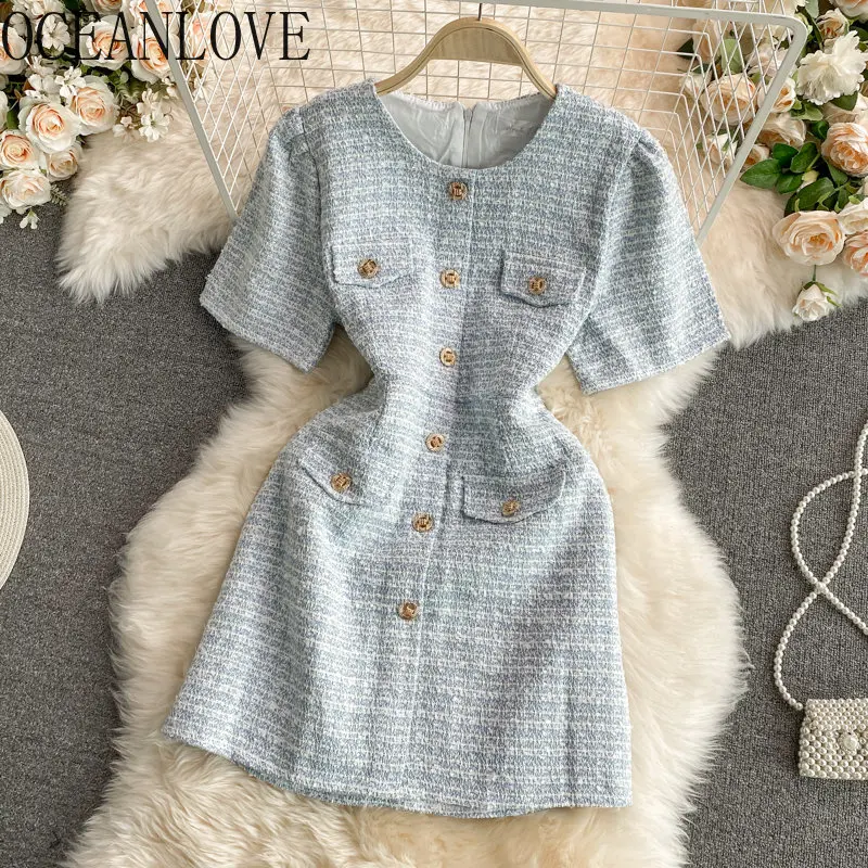 OCEANLOVE Tweed Vestidos Single Breasted Korean Fashion Summer Elegant Women Dresses Short Sleeve Vintage Sexy Mini Dress