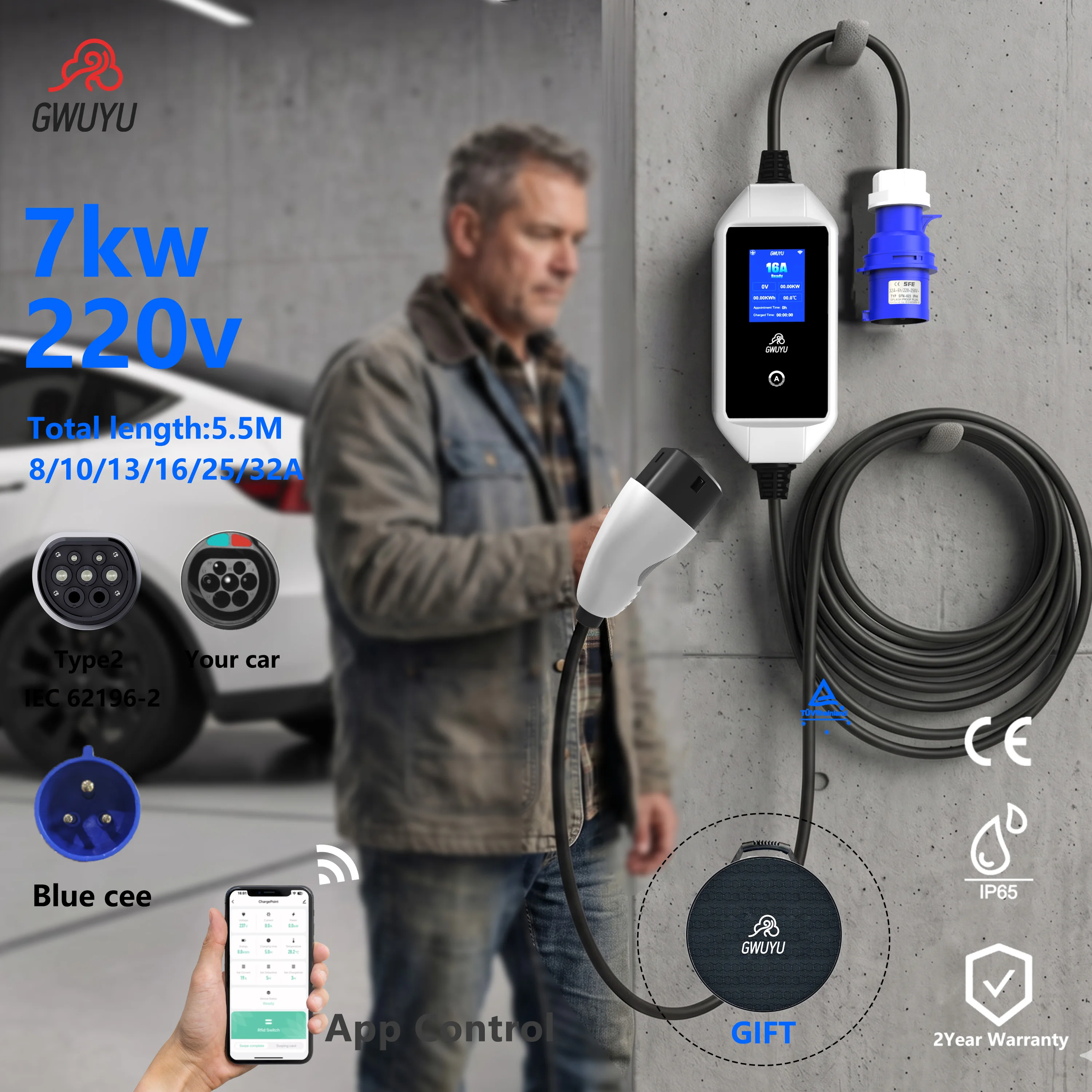 Caricatore EV Portatile GWUYU 7KW 32A Monofase con Spina Tipo 2 CEE, Sistema di Ricarica Rapida per Auto Elettriche con Controllo WiFi, 5 Metri