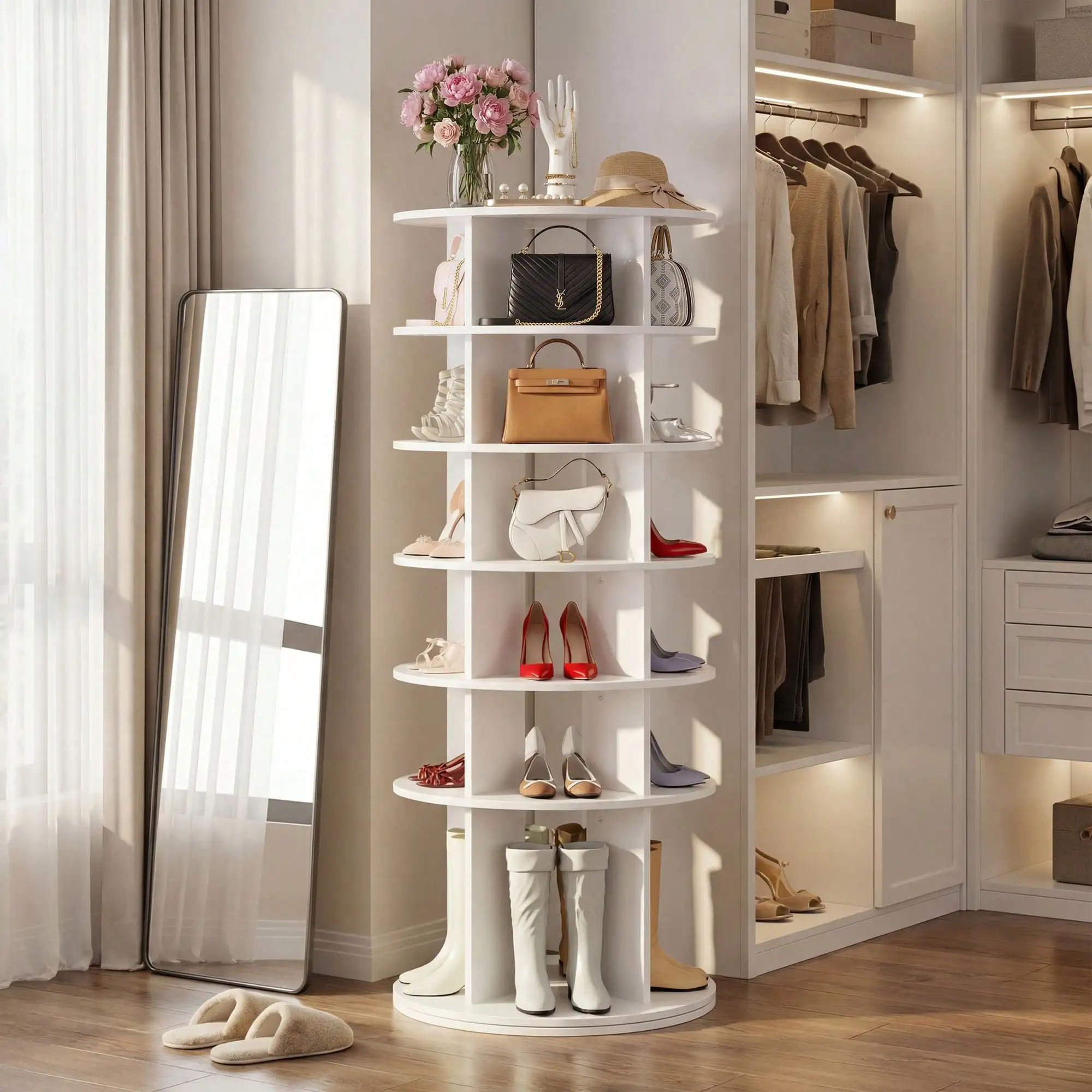 7-Tier Rotating Shoe Rack, 360° Spinning Shoe Storage Tower, Corner Shoe Organizer For Entryways, Living Room(White/Black)