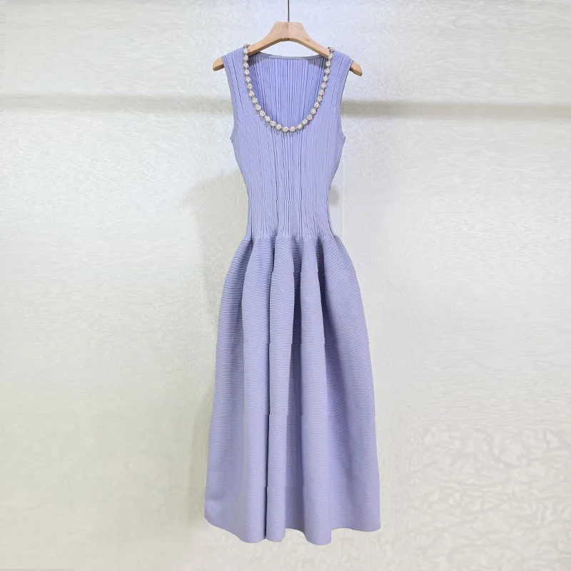 

French Small Fragrance Diamond-encrusted U-neck Knit Vest Dress Women Purple High Quality Vintage Party Elegant Sleeveless Dress