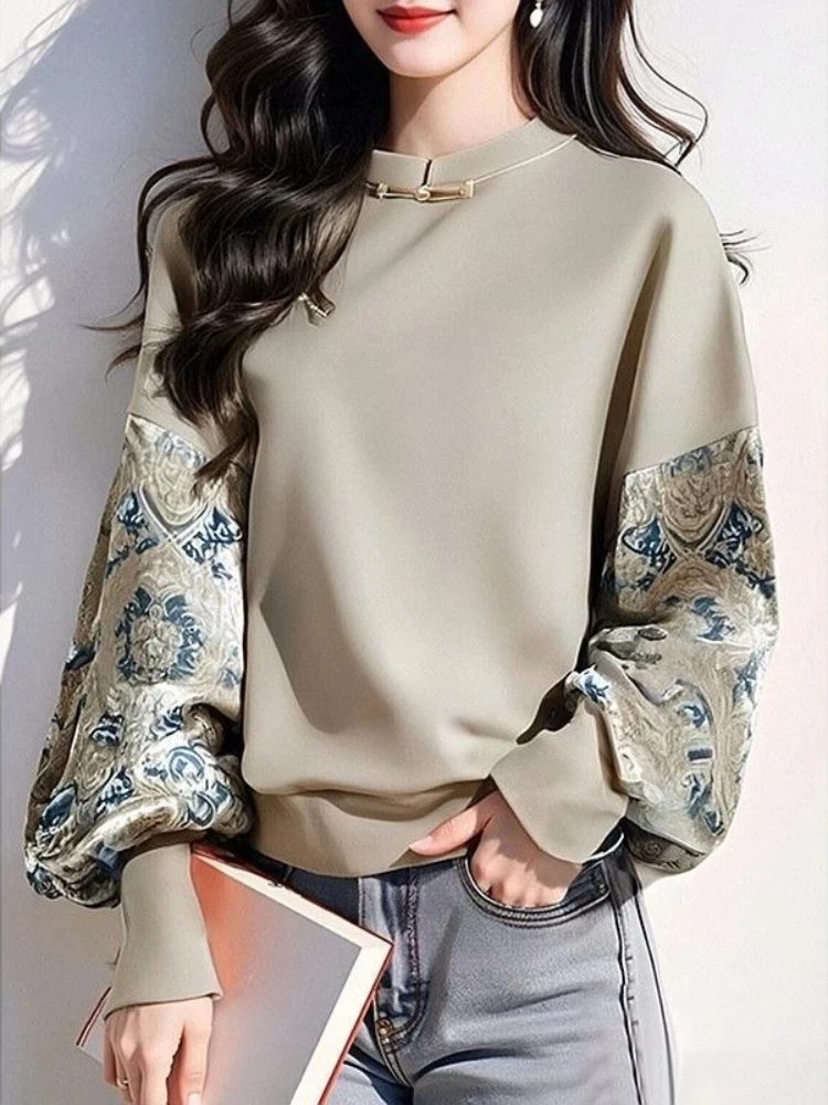 Women New Chinese Style Beige Floral Print Sweatshirt Frog Button Patchwork Long Sleeve Elegant Vintage Spring Top