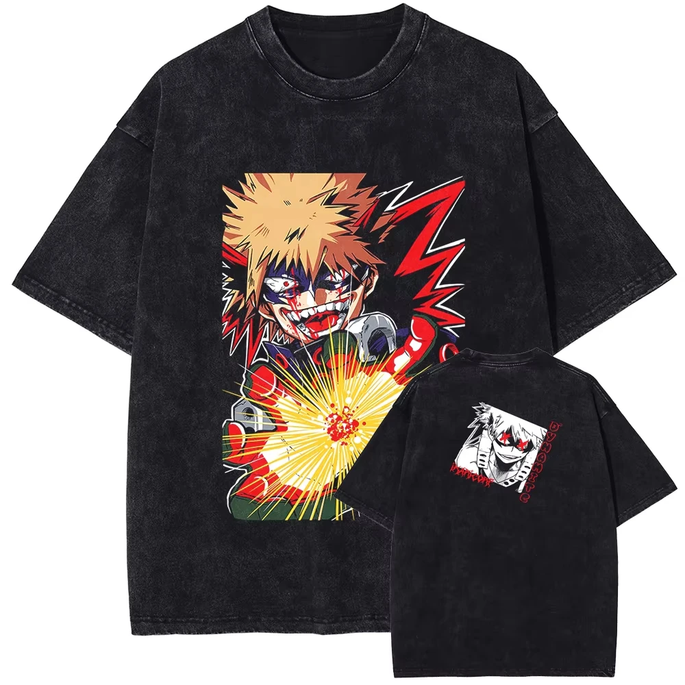 

Hip Hop Streetwear Vintage Anime Printed Washed Tshirt Summer Harajuku Short Sleeve Cotton Tee Black Y2K