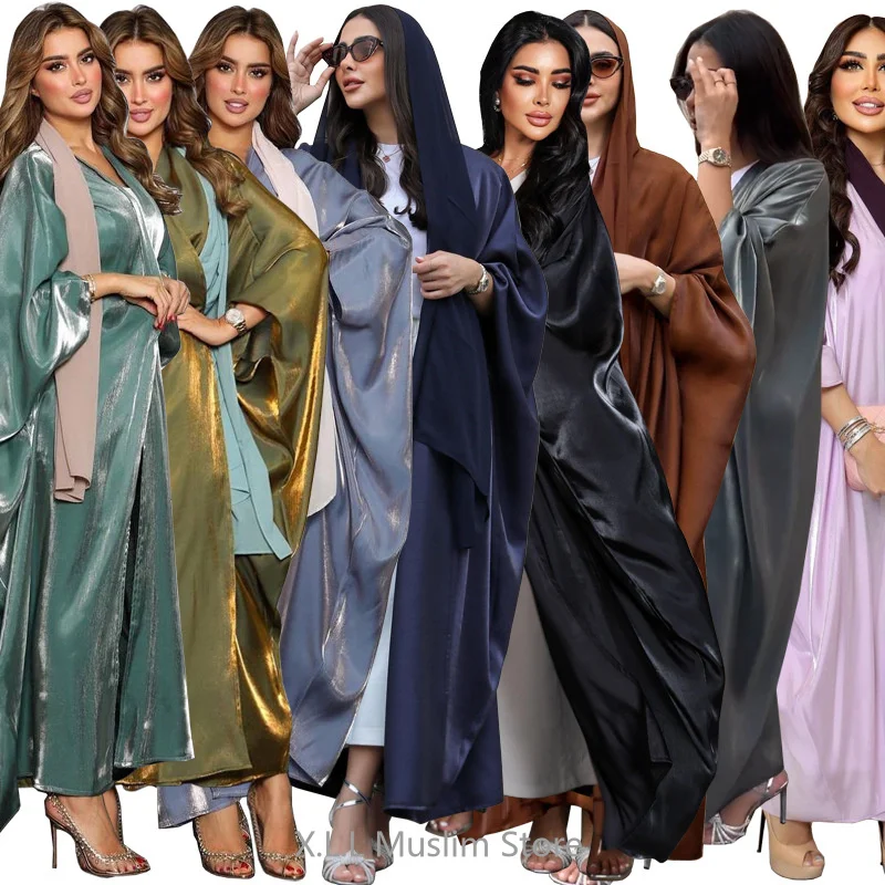 Modest Muslim Bright Silky Satin Batwing Sleeve Open Abayas Stylish Oversized Arab Dubai Moroccan Kaftan Corban Eid Robe