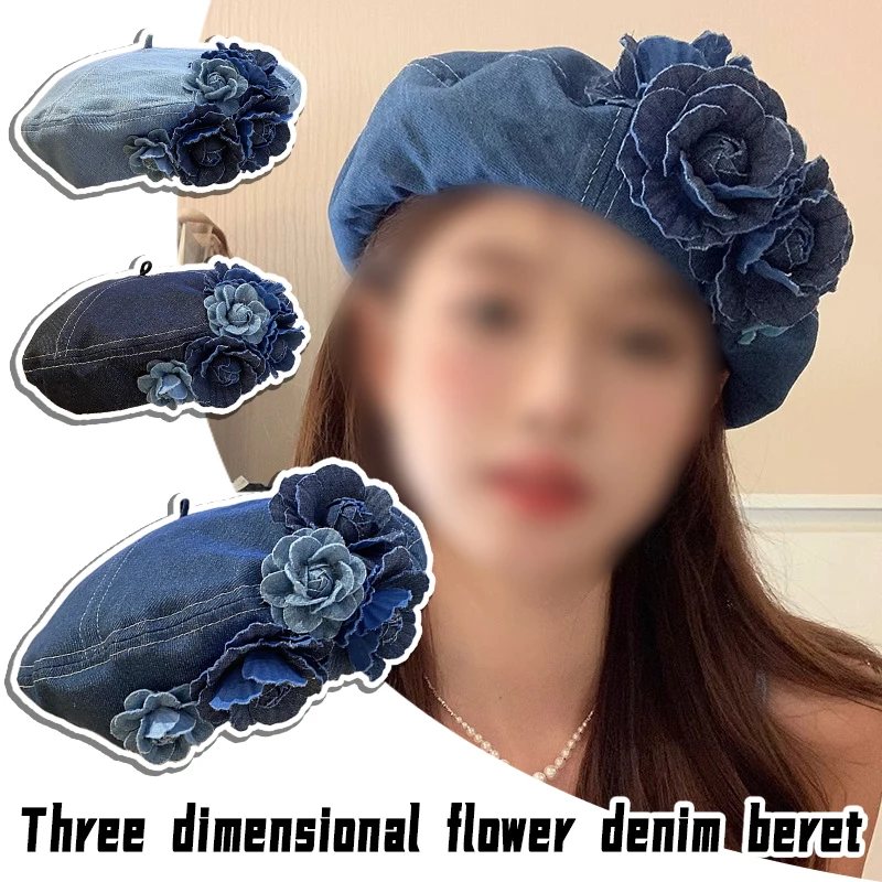 

New Denim Beret Hat for Women Floral French Style Cowboy Artist Casual Beret Hat with Adjustable Strap