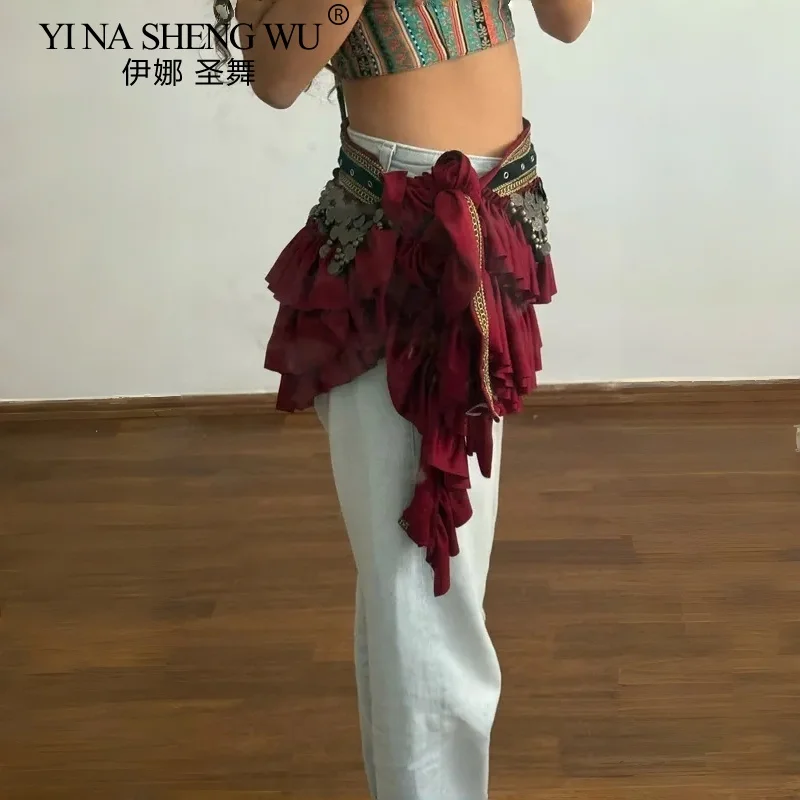 وشاح الورك للرقص الشرقي للسيدات مع عملة نحاسية قبلية ATS حزام لف من الساتان العتيق طويل جدًا للتصوير الفوتوغرافي العربي الفاخر