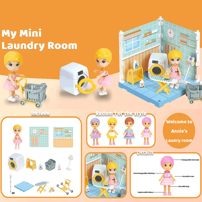 ミニランドリールームおもちゃ、人形DIYミニチュアドールハウスキット家具セット、ミニバスルームハウス、3D教育的ごっこ遊びおもちゃ