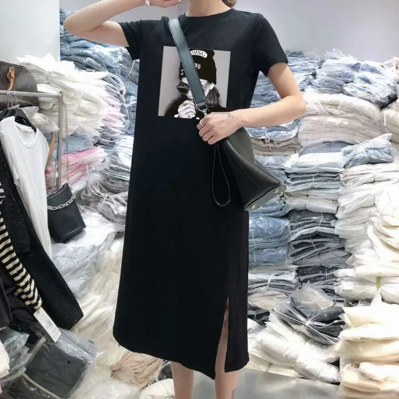 2022 Summer Fashion Print Women Tshirt Dresses Cute Cartoon Short Sleeve Black Midi Dress Casual 90s Loose Korean O-neck Vestido