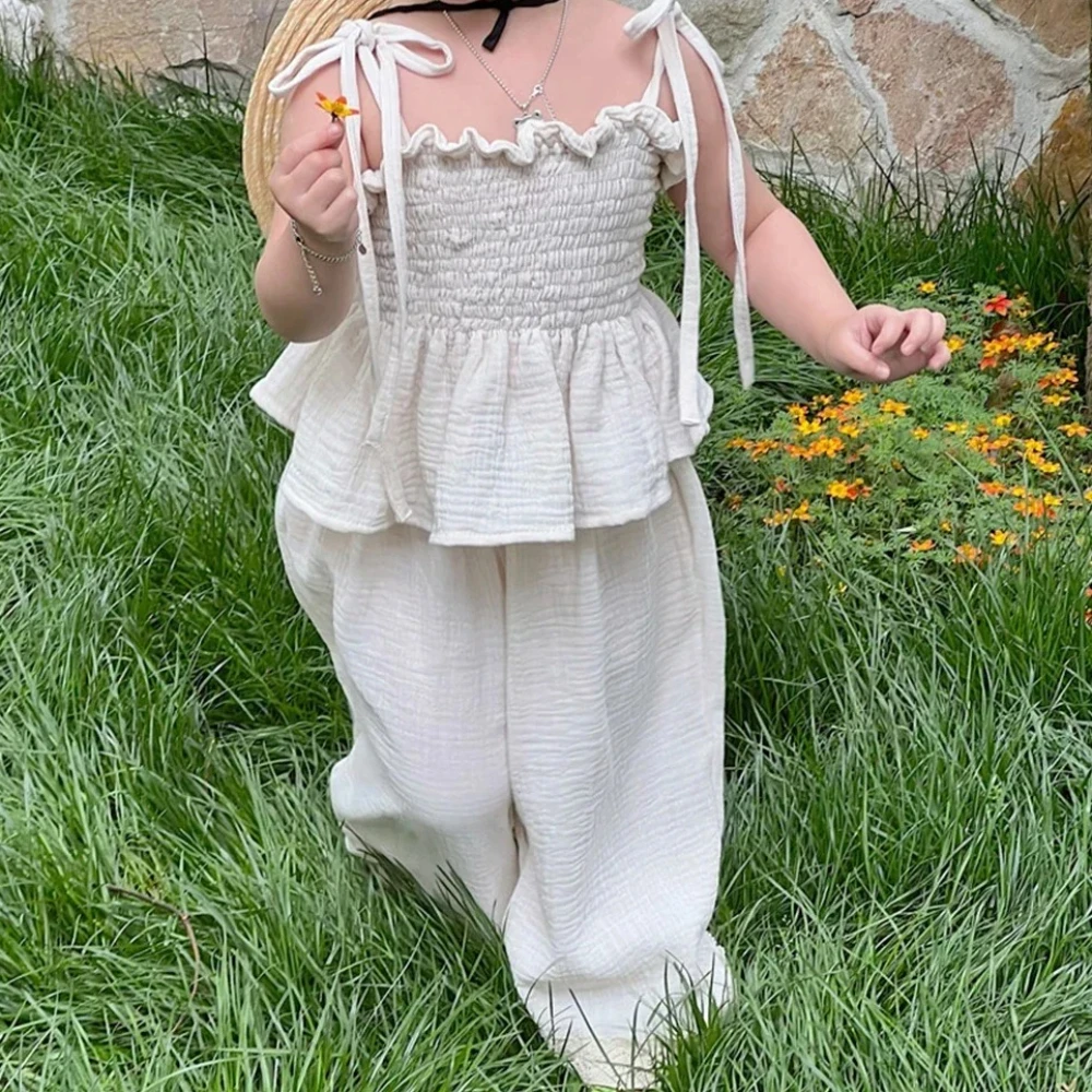 صيف جديد بنات النسخة الكورية حزام تانك القمم + السراويل الصلبة 2 قطعة مجموعة الأطفال أزياء الزي غير الرسمي 3-7 سنوات #1