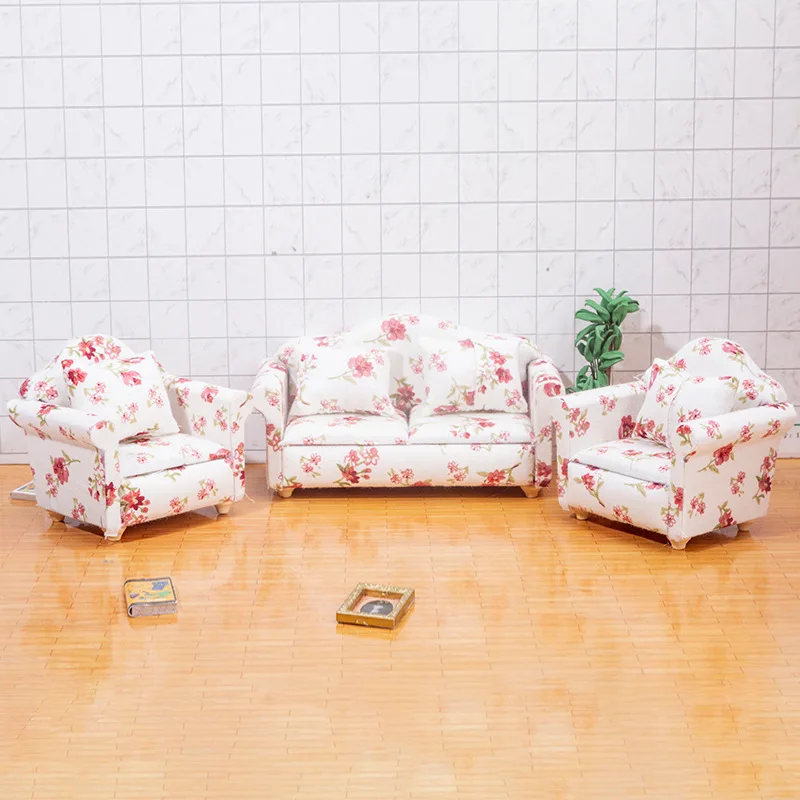 

Children's Toys 1:12 Dollhouse Mini Furniture Living Room Mini Scene Decoration Fragmented Flower Sofa Set Three Piece Set