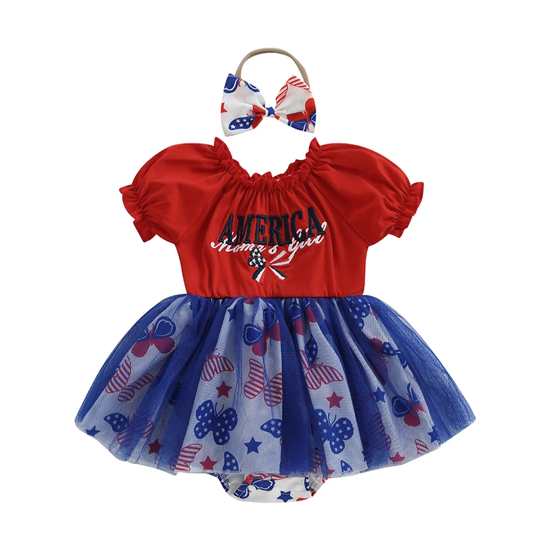 

Newborn Girl Outfit, Short Sleeve Print Embroidery Letters Tulle Bodysuit with Bowknot Headband 4th of July Clothing