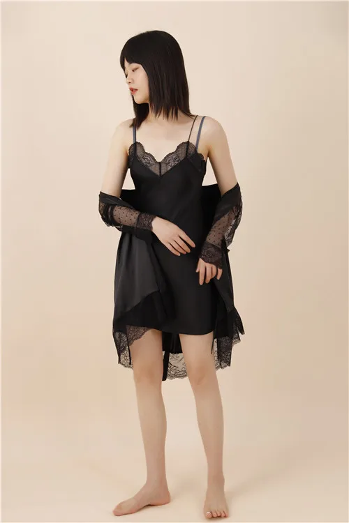 2021 luxury designer 100% silk black lace slip dress with matching rob pajama set sleepwear nightwear for lady and girl