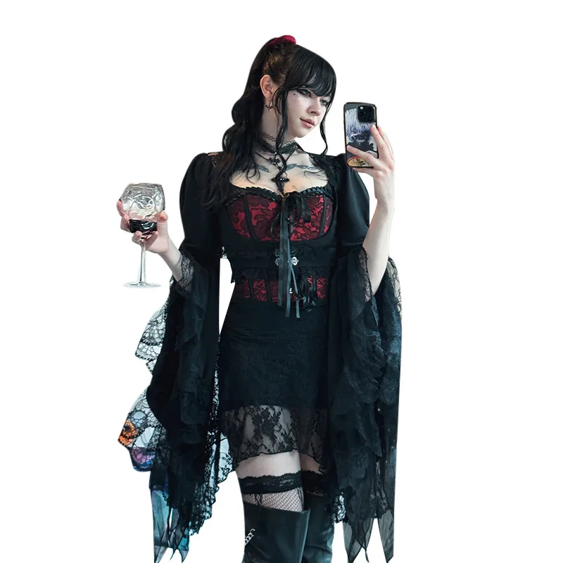 الظلام القوطية غير النظامية الدانتيل سترة 2025 جديد كل مباراة متوهج كم بلوزة الإناث ملابس حريمي المتضخم تي شيرت القوطي #6